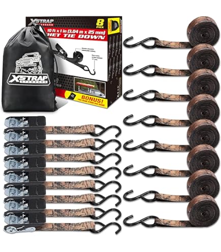 SJC Ratchet Tie Down Straps (4 Pack) - 1,823lb Guaranteed Max Break Strength, Includes (4) Premium 1" X 15' Rachet Tie Downs With Padded Handles. Best For Moving, Securing Cargo (Black Camo