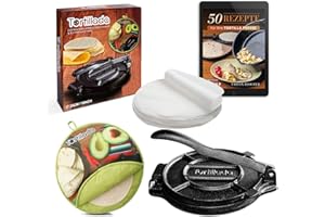 Tortillada Presse à tortilla en fonte de qualité supérieure avec livre électronique de recettes (25 cm) + chauffe-tortilla avec 100 feuilles de papier sulfurisé