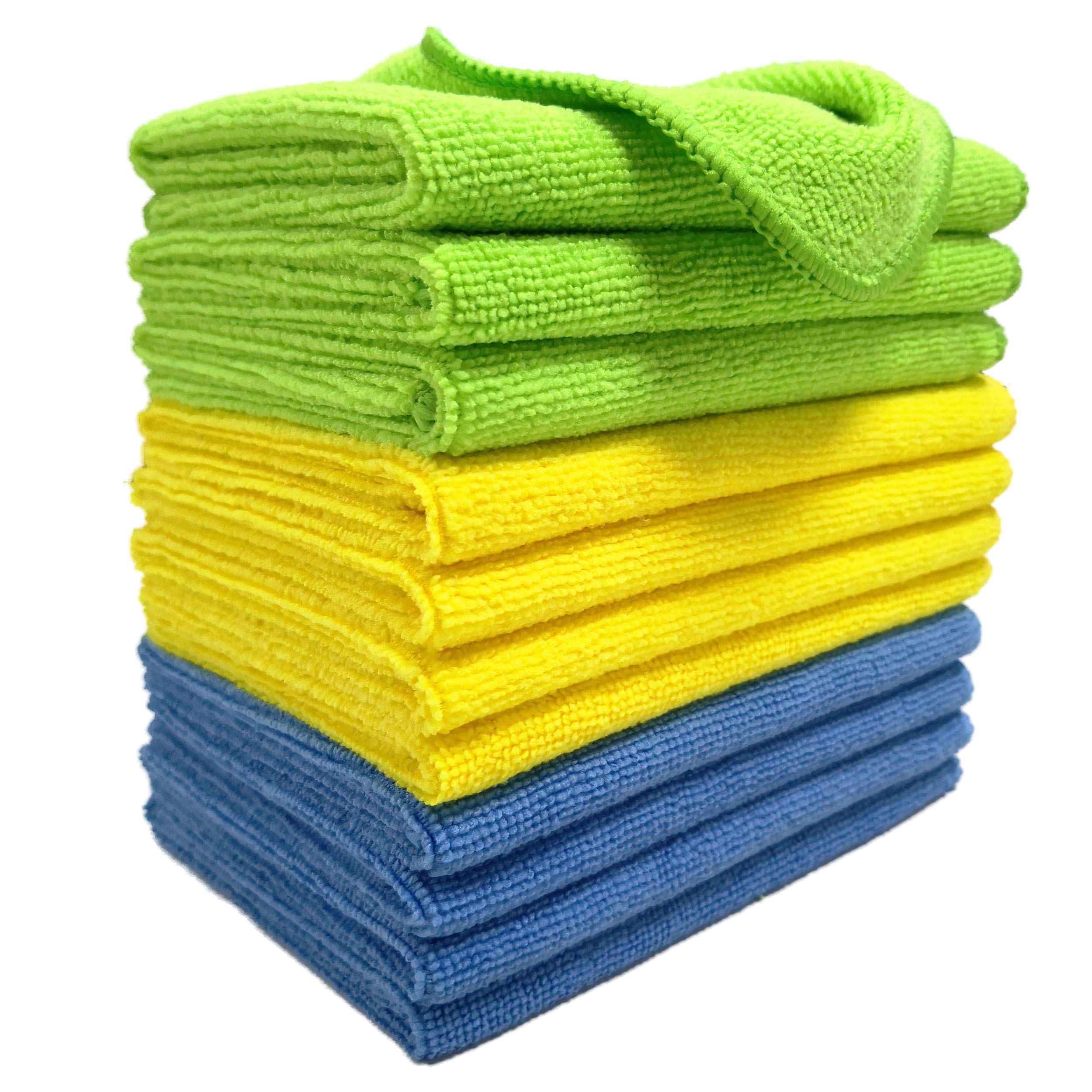 Polyte Microfiber Cleaning Cloth, 12 x 16 in (12 Pack, Blue,Green,Yellow)