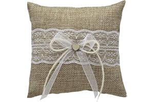 ‎ZAUBERDEKO ZauberDeko Ringkissen Hochzeit Polyester Jute Braun Spitze Herz Trauringe Kissen Accessoire 12,5cm
