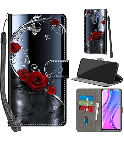 PHINIENLAND Cover per Xiaomi Redmi 9 Case PU Pelle Custodia [Kickstand] [Chiusura magnetica] [Slot per Schede], Portafoglio Flip Custodia per Xiaomi Poco M2,Fiori