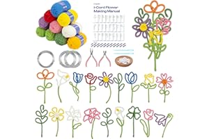 Caydo Kit de Fabricación de Flores iCord 20 Flores y 4 Plantillas de Hojas, 10 Madejas de Hilo y 25m de Alambre para Manualidades, Ideal para Principiantes