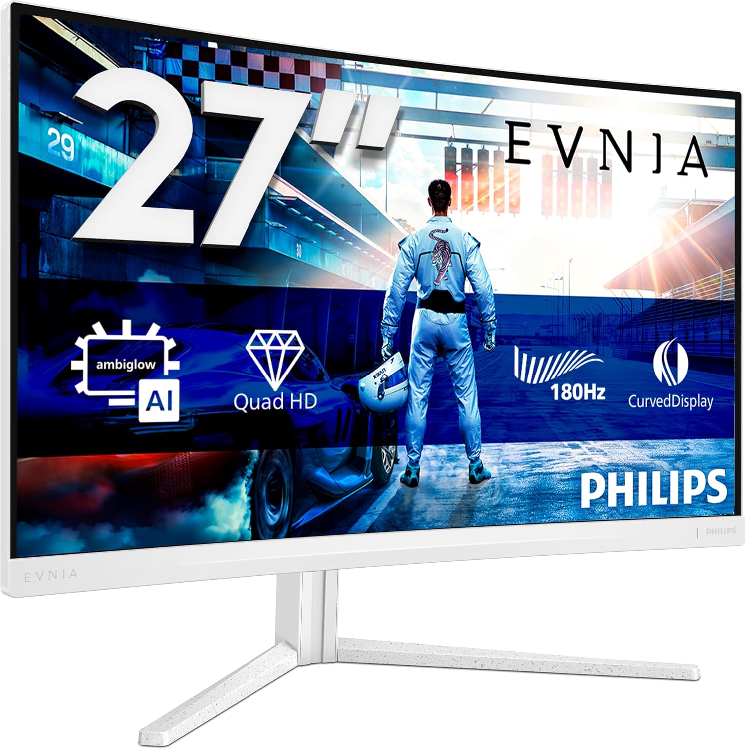 Philips Evnia 27M2C5501 - Monitor Curvo para Juegos QHD de 27 Pulgadas, 180 Hz, 1 ms GtG, FreeSync Premium, Ambiglow, Ajuste de Altura (2560 x 1440, 2 HDMI 2.0, 1 DisplayPort 1.4) Blanco