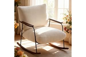 Hellove Fauteuil à Bascule avec Pieds en Bois Massif, Rocking Chair avec Coussin Lombaire, Fauteuil Salon Relax avec Accoudoirs, Fauteuil Allaitement Lecture Confortable pour Salon Chambre,136kg Beige