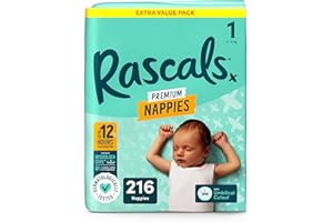 Rascals Premium Nappies丨Size 1丨Total 216 Nappies丨Absorbent丨infant丨overnight Diapers Dry and Gentle Diapers nighttime丨4 Layers of Protection and Feather-Soft Materials (Size 1)