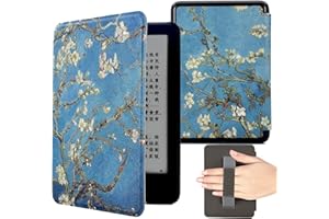 KEROM Case for 6" Kindle Paperwhite 2012-2017 (5th/6th/7th Generation, Model: EY21/DP75SDI), PU Leather Cute Cover Protective Case with Hand Strap, Card Slot, and Auto Sleep/Wake - Almond Blossom