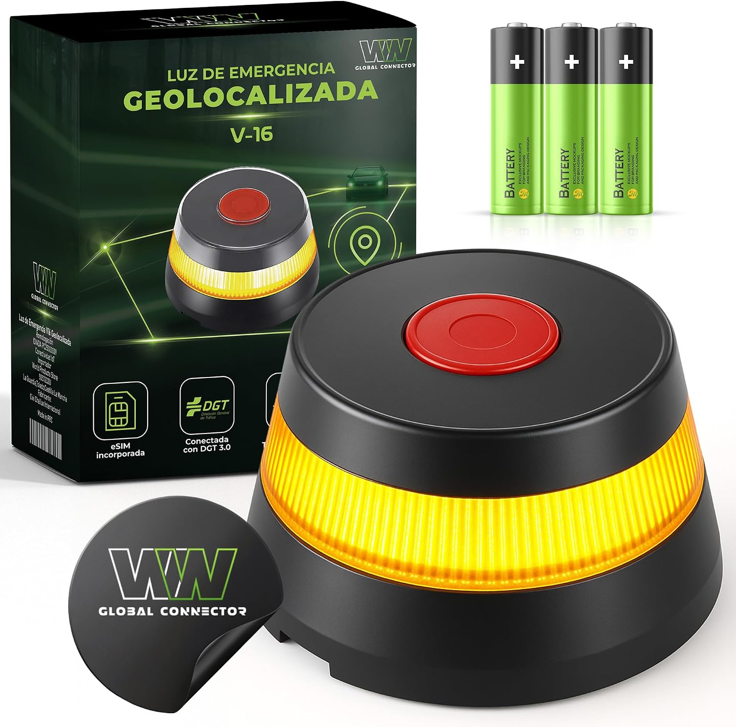 WORLD PRODUCTS STORE- Baliza V16 Homologada DGT con Geolocalización DGT 3.0 – Luz de Emergencia Coche Obligatoria desde 2026 con eSIM -Datos Incluidos Telefonica Tech– Visibilidad 360° 1 km