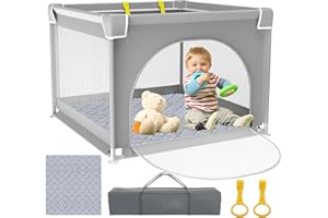 DJEDJEO Parque Infantil Bebe, 90x90cm Corralito Bebe con Suelo Bebes Acolchado, Corralito Bebe Plegable con Puerta con Cremallera, 4 Ventosas Inferiores, 2 Anillos para Parque de Bebés