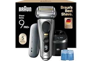 ‎BRAUN Braun Series 9 Pro+ Rasierer Herren, Elektrorasierer mit 5 Pro Rasierelementen, Langhaarschneider & Reinigungsstation, Rasierer-Ladeetui PowerCase, 60 Min Laufzeit, Made in Germany, 9577cc, Silber