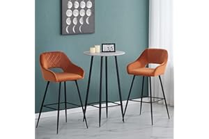 AINPECCA 3 Pieces Bar Sets Light Grey Round Marble Effect Bar Table and Chairs Set Kitchen Breakfast Coffee Table and 2 Orange Velvet Bar Stools Chairs Bar Set with Metal Frame