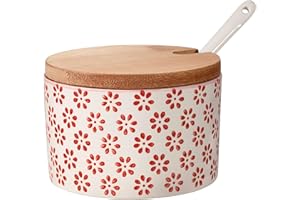 Bloomingville Contenitore per Sale con Coperchio e Cucchiaio Susie - in gres colorato Ø 10 cm, Rosso, Ceramica Gres, capacità 250 ml