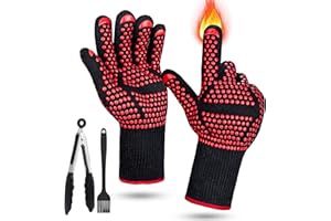 CECOMBINE Grillhandschuhe Hitzebeständig bis 800°C, Feuerfeste Handschuhe Ofenhandschuhe mit Grillzange & Backpinsel, Kochhandschuhe Backhandschuhe BBQ Handschuhe für Backen Grillen Kochen