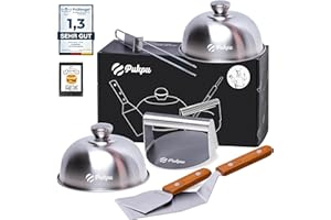 PUKPU Kit Smash Burger Professionnel – Set 6 pièces avec Presse, spatules, Cloches et Accessoires pour plancha, Barbecue ou Cuisine Maison de Burger Smash (Marron, 6)