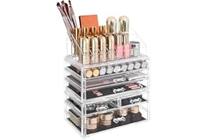 SONGMICS Organizer Trucchi con 6 Cassetti, Grande Organizzatore per Cosmetici in Acrilico, per Tavolozza, Pennello, Fondotinta, Rossetto, Smalto per Unghie, Forcine, Trasparente JKA009TP