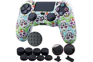 9CDeer 1 Stück von Silikon Besetzt Wassertransfer Schutz Ärmel Fall Abdeckung Haut Hülle Cover Skin +8 Daumengriffe Analoge Kappen +2 Staubdicht Stecker für PS4/Slim/Pro Controller, Schädelfarbe