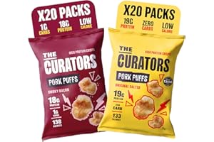THE CURATORS High Protein Pork Puffs Mixed Pack, 10 x Original Salted, 10 x Smoky Bacon, 25g (20 Packs) High Protein Crisp Low Carb Keto Gluten Free Savoury Snack