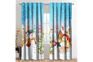 Kzzfqxb Cortinas 117x183cm 2 Paneles, Año Nuevo Paisaje nevado Casas muñecos de Nieve árbol de Navidad Dibujos Animados filtrado luz Cortina, decoración Festiva para Sala de Estar Dormitorio Infantil
