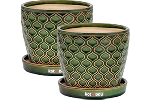 KOTARBAU® Lot de 2 Pots de Fleurs en céramique pour Plantes - Diamètre : 12 cm - Vert - Vintage - avec bac d'égouttement - Motif écailles de Poisson