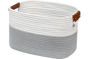 Patvingot Woven Cotton Rope Storage Basket for Shelves,with Detachable Leather Handles for Closet Storage, Laundry Baskets,Toy Towel Storage, Baskets for Bathroom Organizer(White/Grey, 1 Pack)