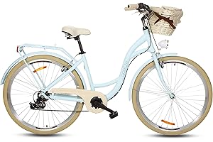 Goetze Mood - Bicicleta de ciudad retro vintage holandesa para mujer, ruedas de aluminio de 28 pulgadas, cambio Shimano Tourney de 7 velocidades, subida profunda, cesta con acolchado