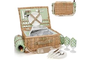 WILLOW WEAVE Picnic Basket for 2, Insulated Willow Picnic Baskets with Shoulder Strap, Picnic Hamper with Waterproof Picnic Blanket, Handmade Wicker Hamper for Outdoor Camping, Green Check