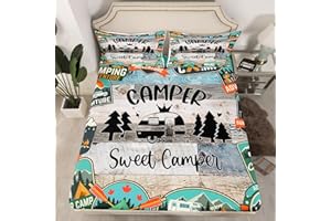 MANFEI Camper Fitted Sheet Single Size, Camping RV trailer Trees Bed Cover with 1 Pillowcase, Grey Blue Wooden Plank Bedding Set 2pcs for Kids Boys Room Decor, Soft Polyester Bedding