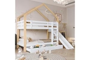 Rtopsu Children's Bunk Bed 90 x 200 cm with Slide and 2 Storage Drawers, Bed with Ladder for 2 Children, Bunk Bed with Roof, Tree House Bed with Wooden Slatted Frame, White, Without Mattress