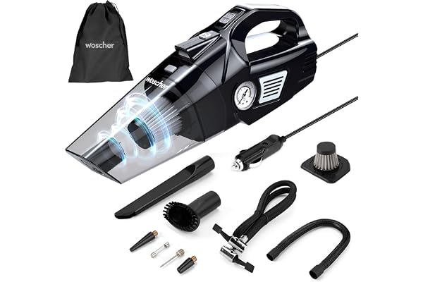 Woscherr 578 Tyre Inflator & Car Vacuum Cleaner 2 in 1, DC12V 150 PSI Air Pump for Car Tyre 120 Watt Car Vacuum Cleaner High Power 5500PA Handheld & LED Light, Long Power Chord for Wet/Dry Use