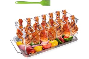 AISHN Chicken Leg Rack for Oven & Grill, Chicken Wing Grill Rack, BBQ Chicken Drumsticks Rack Stainless Steel Roaster Stand with Drip Pan, Hang Up to 14 Chicken Legs or Wings