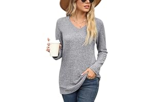 PrinStory Womens Sweatshirt V Neck Solid Color Jumpers Long Sleeve Tops Casual Tunic Soft Pullover
