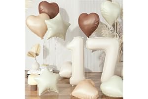 GOVPY 17th Birthday Balloons Decor: Neutral Helium Beige Cream 17 Balloon - Brown Tan White Sand Taupe Heart with Foil Nude Star 40" - Perfect for Girls Birthday or Anniversary Party - Boho Decoration