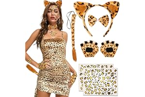 Hifot 7 Pezzi Costume da Leopardato,Leopardo Orecchie e Coda Cravatta Guanti Tatuaggio Stampa Leopardo Costumi per Animali Carnevale Halloween Ragazze Donna