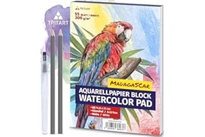 TRITART Carta Acquerello A5-55 Fogli per Acquerello - Carta per Acquerello 300g/m² - Carta da Disegno - Fogli Acquerello - con pennello ad acqua e 2 matite