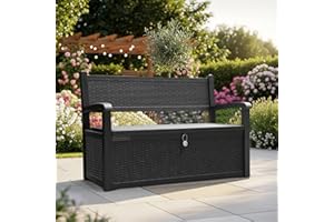 Olsen & Smith 265L Outdoor Garden Plastic Storage Bench Box Container Chest – Weather Resistant Lockable Rattan Effect Lawn Balcony Patio Storage Seat Chair Furniture (Black)