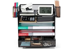 Cheerhom Półka na listy, 5-poziomowy organizer na biurko z 2 uchwytami na długopisy, 2 półki z metalu, organizer na dokumenty z możliwością układania w stos, nadaje się do przechowywania dokumentów na