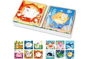 DBPBToU Puzzle in Legno 2 Pezzi Giochi Bambini Puzzle per 2 3 4 Anni, 6 in 1 Giocattoli Montessori Cubi Legno per Bambina Bambino, Fattorie/Oceani/Trasporti (Fattoria+Oceano)