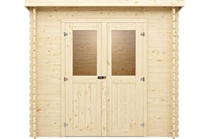 Woodtex Holz Gerätehaus Mini 1 B | Wandstärke 28 mm | Blockbohlenbauweise | Naturbelassen | Pultdach | BxTxH: 230 x 127,5 x 204,4 cm | Inkl. Doppelflügeltür + Einflügeltür mit Echtglas | Ohne Fußboden