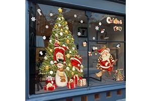 Hianjoo Pegatinas Navideñas para Ventanas, 2 Hojas Grandes Arboles de Navidad con Papá Noel Copos de Nieve y Muñeco de Nieve para Decoración de Interiores Calcomanías Estáticas para Escaparates