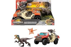 Mattel Jurassic World El Renacer Vehículo Persecución y captura con un humano y un dinosaurio, figura de Martin Krebs y velocirraptor, torreta y dos proyectiles, JGB59