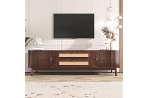 Jaxenor TV Stand Cabinet, 170cm Lowboard TV Unit for Living Room, Long TV Unit with 2 Doors and Rattan Drawers, Modern Large Entertainment Unit TV Table, Natural Walnut Color
