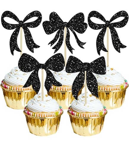 48Pcs Bow Cupcake Toppers, Black Bow Cake Topper Birthday Decorations, Mini Bowknot
