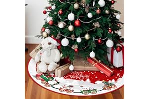 OAKENCREST Falda de Árbol de Navidad, Alfombra de Árbol de Navidad, con Motivos de Muñecos de Nieve, Copos de Nieve y Trenes, para la Decoración Navideña del Hogar, Rojo