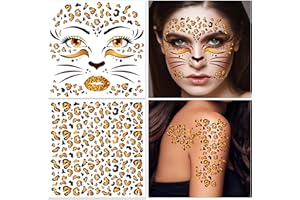 HOWAF 4 Feuilles Leopard Tatouage Halloween pour Visage, Tatouage Temporaire Carnaval Autocollant Visage pour Deguisement Leopard, Deguisement Halloween Costume