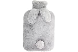 ‎NEWPLENTY Wärmflasche,Wärmflasche mit bezug,Auslaufsicher 2L Groß Wärmflaschen,Cartoon-Kaninchenform,Geruchlos PVC Wasser Tasche, ideal für Schmerzlinderung (Grau)