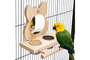 TeTupGa Percha para pájaros con espejo y tazas de alimentación de acero inoxidable, juguete de espejo de loro de madera para jaula de pájaros, comedero de agua para periquitos, periquitos, agapornis,