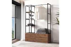 [en.casa] Armadio Aperto per Guardaroba Porta Abiti da Camera Appendiabiti da Terra 180 x 120 x 40 cm Mobile Organizzatore con Cassetti Ripiani e Asta Barra - Color Noce/Nero