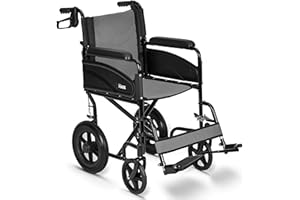MADE MOBILITY Lightweight Folding Wheelchair - Travel Friendly Foldable Transit Wheel Chair - Adjustable Footrests, Lock Lever Brakes - Grey, Standard 18" Seat