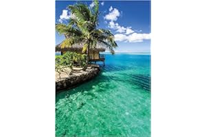 Wallario Glasbild Karibisches Meer Einsame Hütte unter Palmen - 70 x 100 cm Wandbilder Glas in Premium-Qualität: Brillante Farben, freischwebende Optik