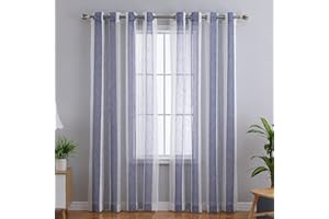 CAROMIO Voile Sheer curtain with eyelets Window curtains for bedrooms, stripes pattern semi-transparent curtains for living room, set of 2, WxL 52"x84", Navy Blue