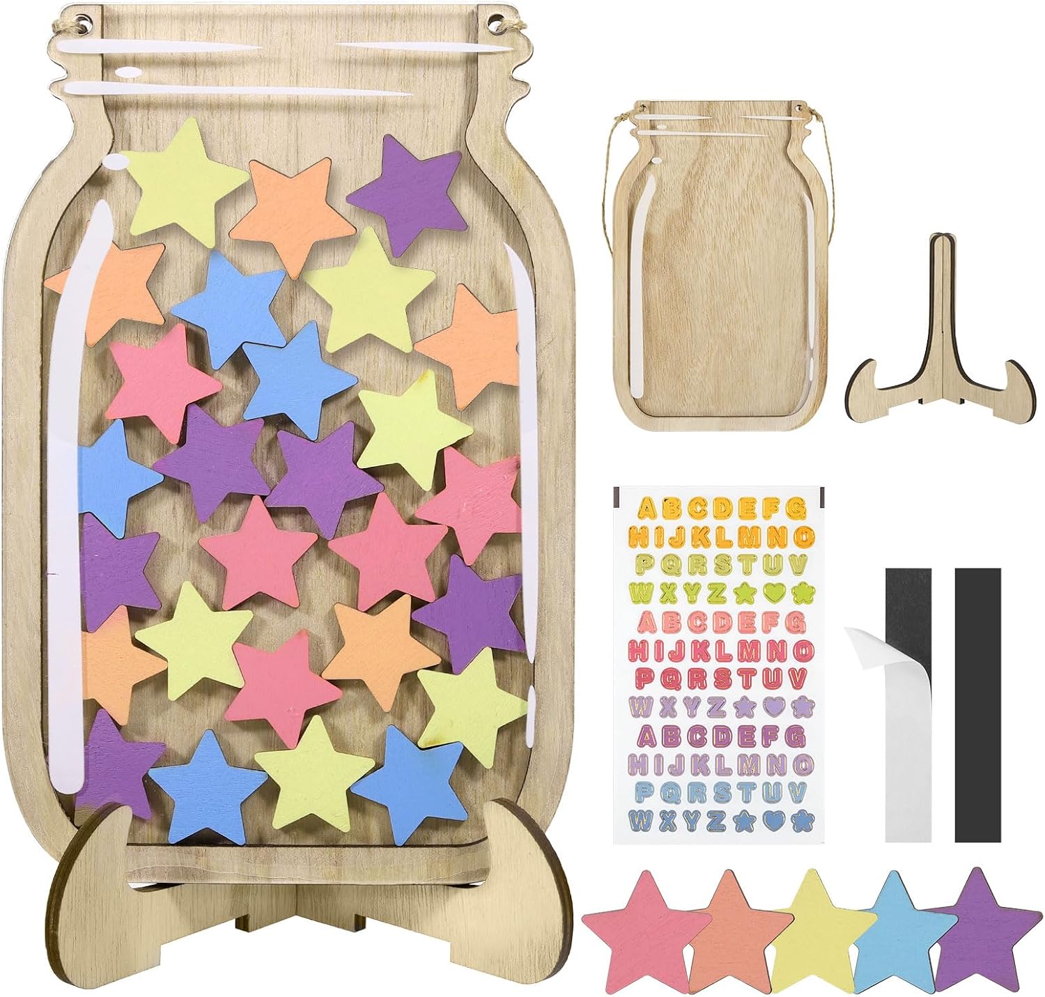 JIANTA Bocal de récompense magnétique pour enfants, pot de récompense pour bon comportement, tableau de récompense en bois avec jetons, pot d'encouragement pour étudiants (30 étoiles + autocollants)